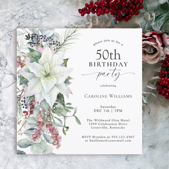 Invitation Elégant Poinsettia Florale Hiver 50e anniversaire (Available in both printed and instant download digital formats.)