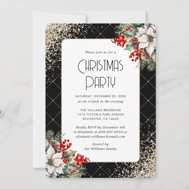 Invitation Elegant Poinsettia Holly Berries Christmas Party (Devant)