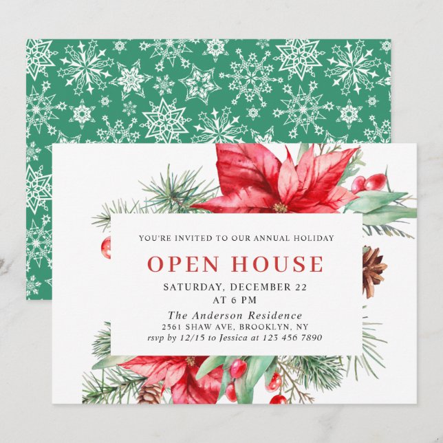 Invitation Élégant Poinsettia Noël Maison Ouverte En (Devant / Derrière)