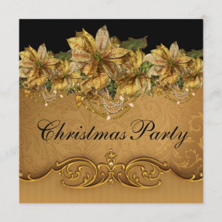 Invitation Élégant Poinsettia Or Noir Fête de Noël en Or