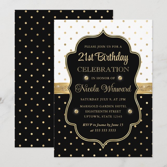 Invitation Élégant points noirs et blancs pour 21e anniversai (Devant / Derrière)