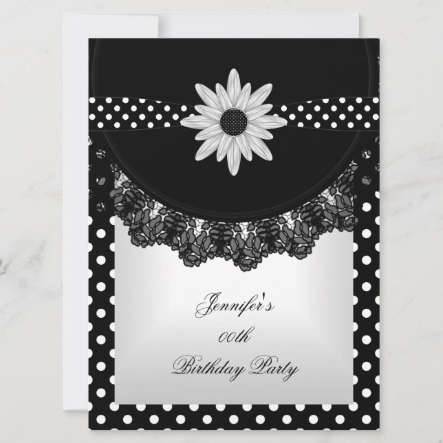 Invitation Élégant pois noir blanc dentelle fleur (Devant)