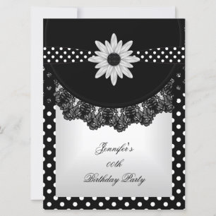 Invitation Élégant pois noir blanc dentelle fleur