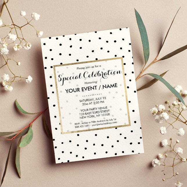 Invitation Elégant pois simple noir blanc aquarelle (Elegant simple black white watercolor polka dots)