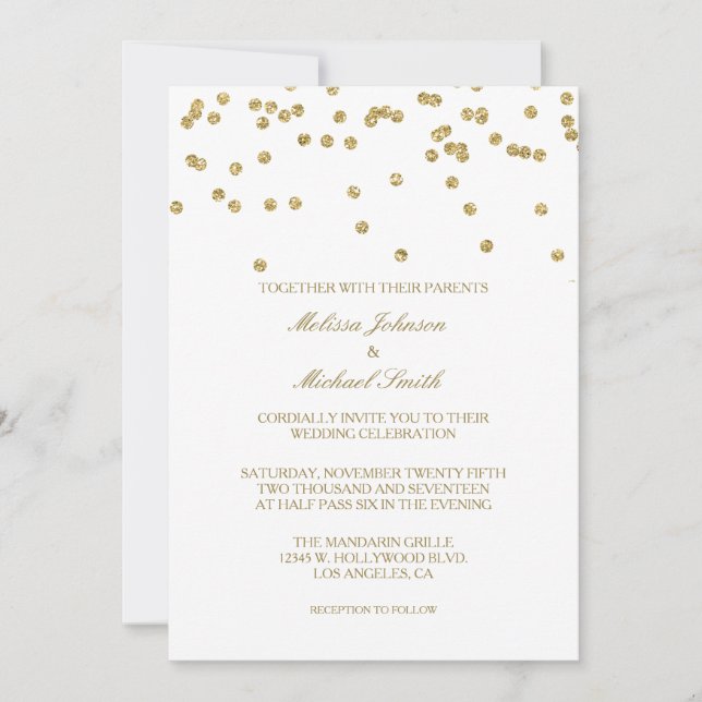 Invitation Élégant Polka-dots blanc et or Mariage Confetti (Devant)