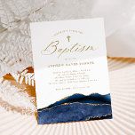 Invitation Elégant porte bleu marine avec Croix d'or | Baptêm<br><div class="desc">Ces belles et élégantes invitations au baptême pour un garçon ont un look de géode bleu marine foncé,  avec des accents d'or faux et croix,  et la calligraphie correspondante.</div>