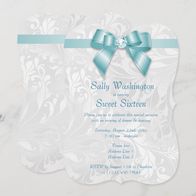 Invitation Élégant Posh Diamant Arc & Damassé Sweet 16 (Devant / Derrière)