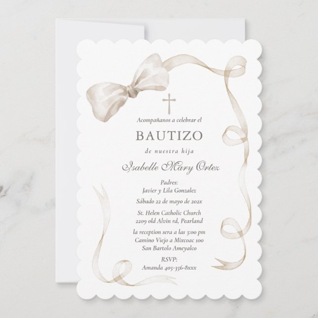 Invitation Élégant pour baptême de fille dans des tons beige (Devant)
