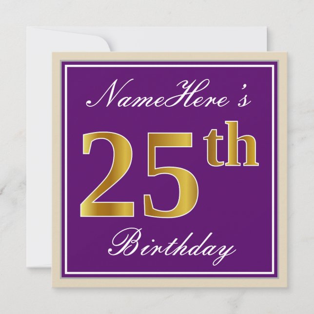 Invitation Elégant, pourpre, Faux Gold 25e anniversaire + Nom (Devant)