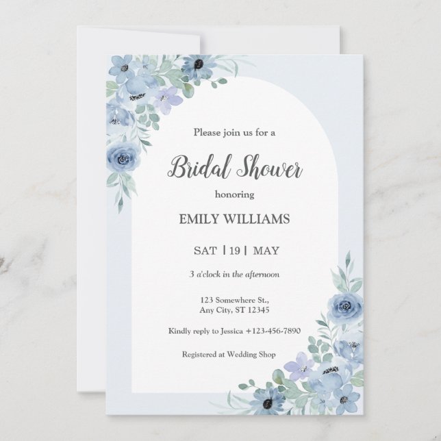 Invitation Elegant Powder Blue Flowers Bridal Shower (Devant)