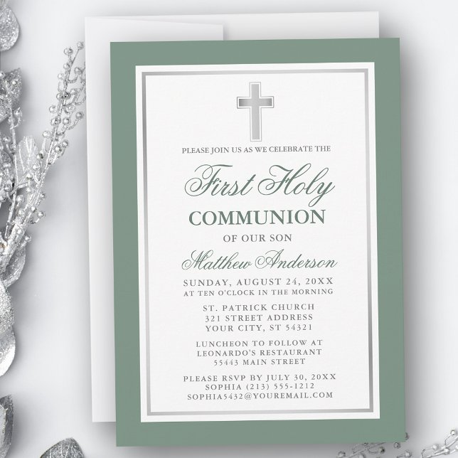 Invitation Élégant Première Sainte Communion Sage Vert Argent (Customize to change text size, color or text style.)
