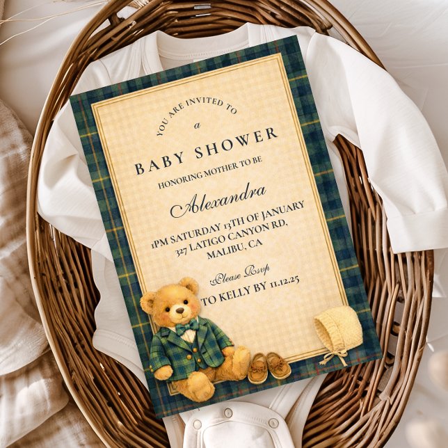 Invitation Elegant Preppy Teddy Bear Baby Shower (Créateur téléchargé)