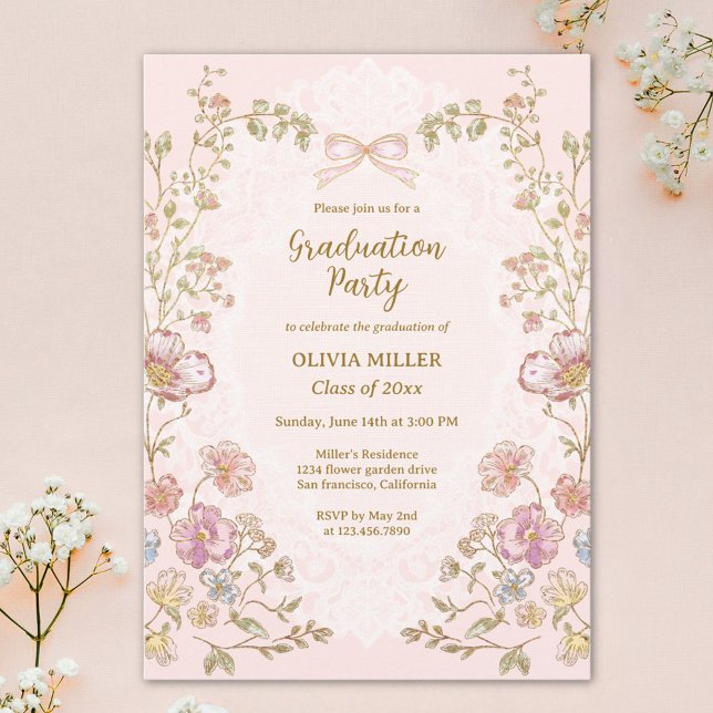 Invitation Elegant Pretty Vintage Floral Graduation Party (Créateur téléchargé)