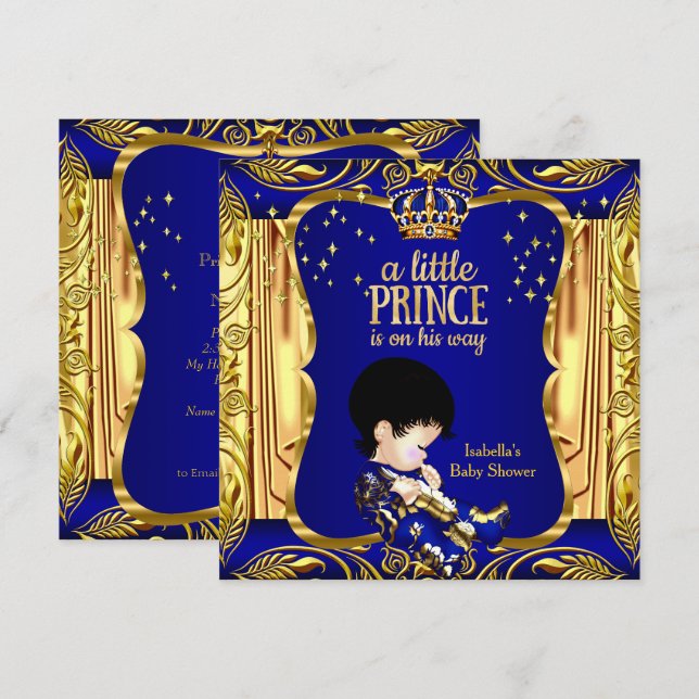 Invitation Élégant Prince Fête de Naissance Bleu Or Brunette (Devant / Derrière)