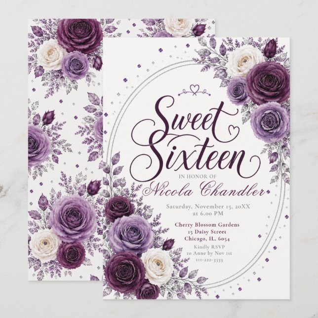 Invitation Élégant prune améthyste Sweet 16 (Devant / Derrière)