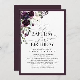 Invitation Élégant prune violet Baptême floral 1er anniversai