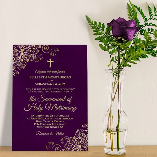 Invitation Élégant prune violet & or Mariage catholique moder (Créateur téléchargé)