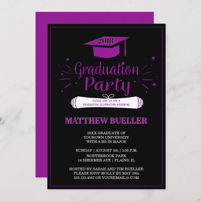 Invitation Elegant Purple 2018 Grad Casquette Grad Graduation (Devant / Derrière)