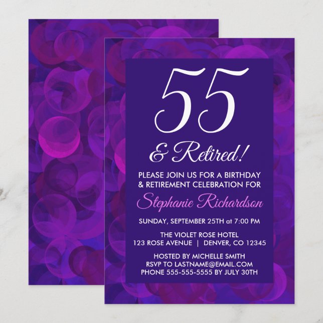 Invitation Elegant Purple 55 et fête de retraite Retraité (Devant / Derrière)
