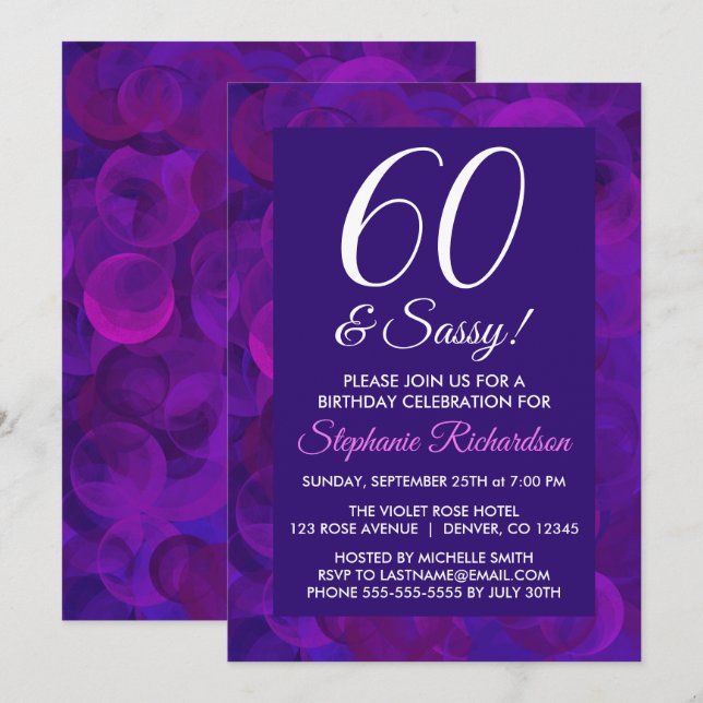 Invitation Elégant Purple 60 et fête d'anniversaire Sassy (Devant / Derrière)