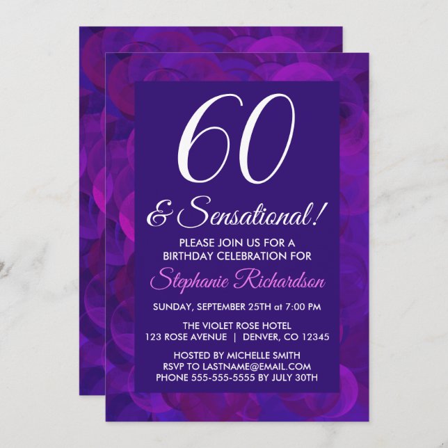 Invitation Elegant Purple 60 et fête d'anniversaire sensation (Devant / Derrière)