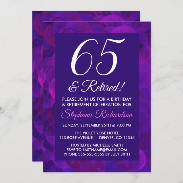 Invitation Élégant Purple 65 et Retraité (Devant / Derrière)
