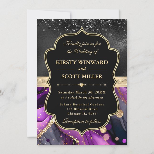 Invitation Elegant Purple Agate Black Glitter Wedding (Devant)