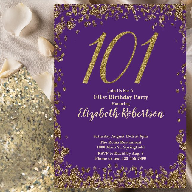Invitation Elegant Purple and Gold 101st Birthday (Créateur téléchargé)