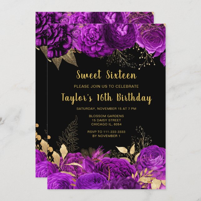 Invitation Elegant Purple and Gold Flowers Sweet Sixteen (Devant / Derrière)
