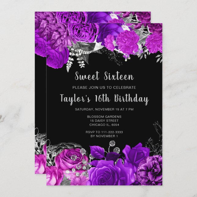 Invitation Elegant Purple and Silver Flowers Sweet Sixteen (Devant / Derrière)