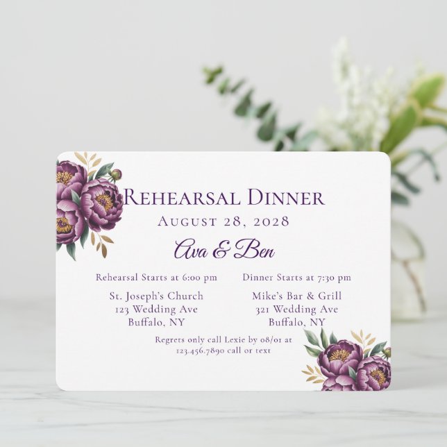 Invitation Elégant Purple Aquarelle Florale Dîner de répétiti (Debout devant)