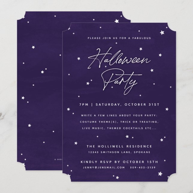 Invitation Élégant Purple+Blanc Étoiles magiques Fête d'Hallo (Devant / Derrière)