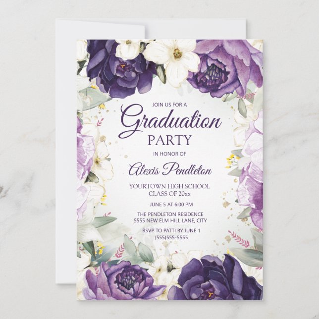 Invitation Élégant Purple Blanc Floral Graduation (Devant)