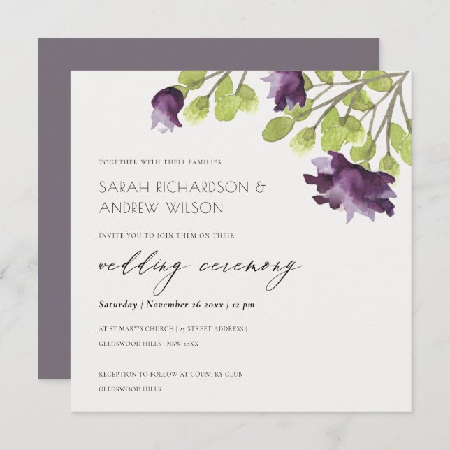 INVITATION ELÉGANT PURPLE BLUE WATERCOULEUR MARIAGE FLORAL (Devant / Derrière)