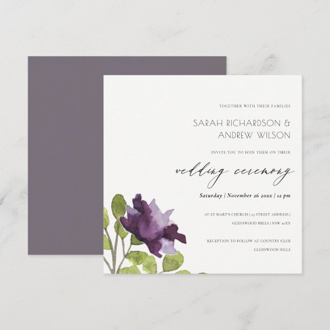 INVITATION ELÉGANT PURPLE BLUE WATERCOULEUR MARIAGE FLORAL (Devant / Derrière)