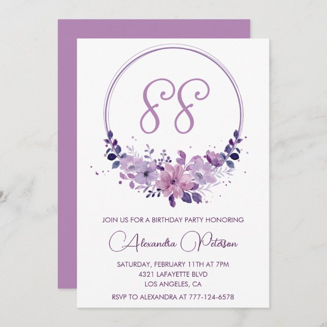 Invitation Élégant Purple Floral 88e anniversaire (Devant / Derrière)