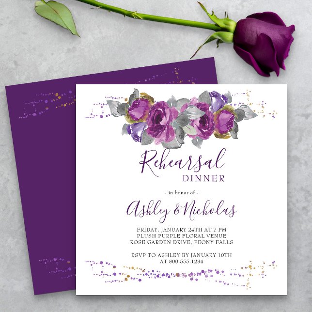 Invitation Élégant Purple Floral Aquarelle Dîner de répétitio (Purple Floral Rehearsal Dinner invitation from my Plush Purple Wedding Collection)