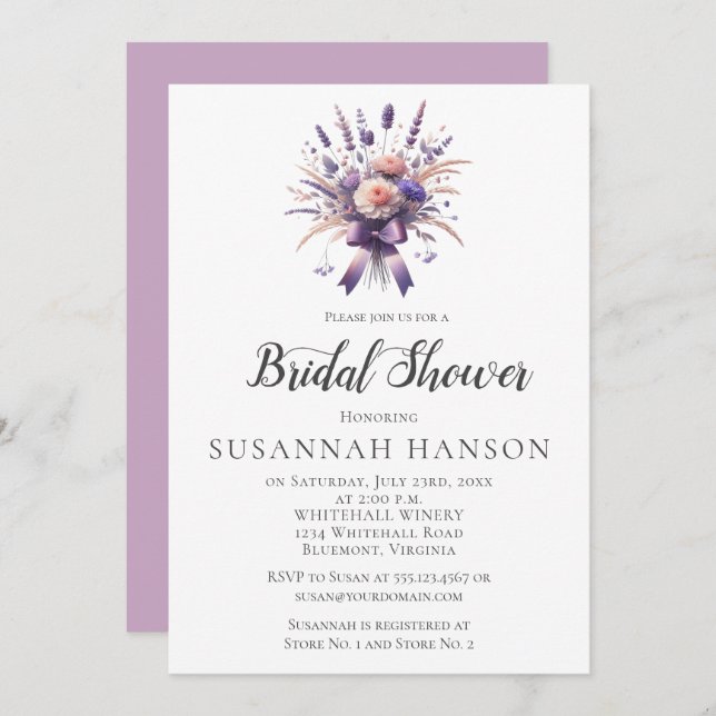 Invitation Elegant Purple Floral Bouquet Bridal Shower | (Devant / Derrière)