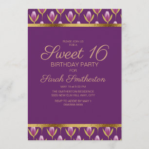 Invitation Élégant Purple Floral Gold Sweet 16 Anniversaire