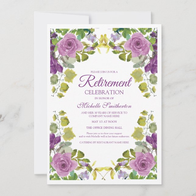 Invitation Elegant Purple Floral Green Vines Retirement Party (Devant)
