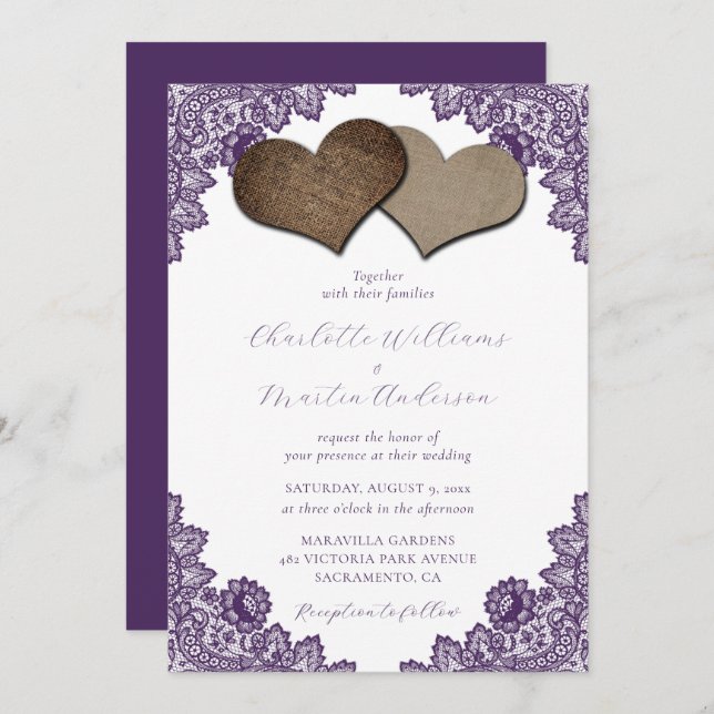 Invitation Elegant Purple Floral Lace Burlap Hearts Wedding (Devant / Derrière)
