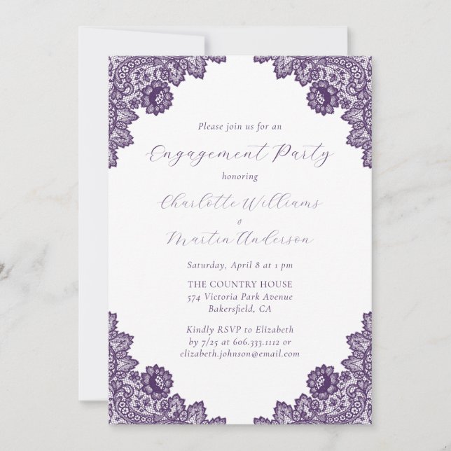 Invitation Elegant Purple Floral Lace Rustic Engagement Party (Devant)