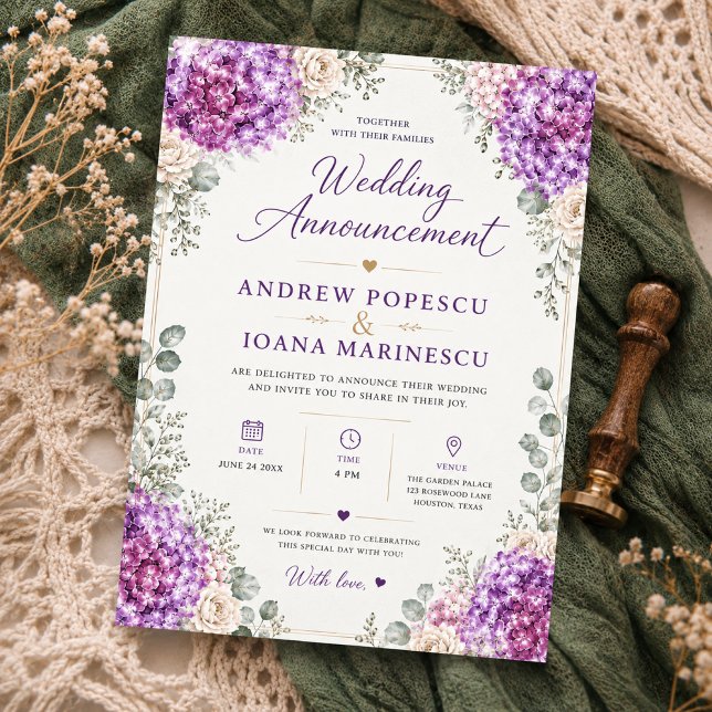 Invitation Elegant Purple Floral Watercolor Hydrangea  (Créateur téléchargé)