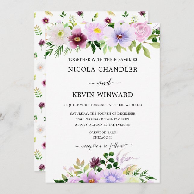 Invitation Elegant Purple Floral Wedding (Devant / Derrière)
