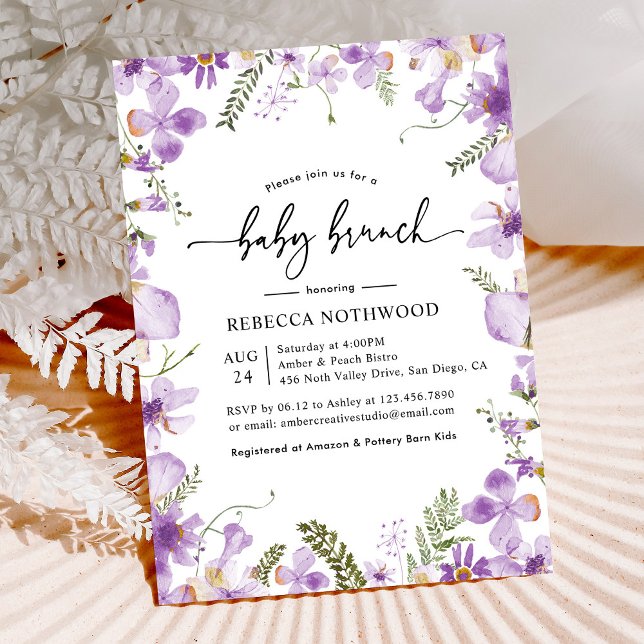 Invitation Élégant Purple Florals Fille Bébé Brunch (Créateur téléchargé)