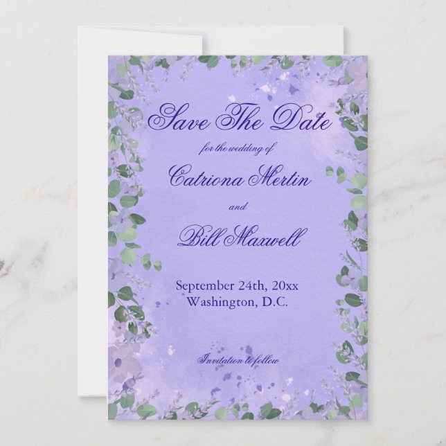 Invitation Elegant Purple Florals Wedding Save The Date Card (Devant)