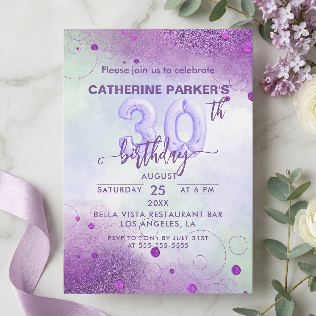 Invitation Elegant Purple Foil Balloon 30th Birthday (Créateur téléchargé)