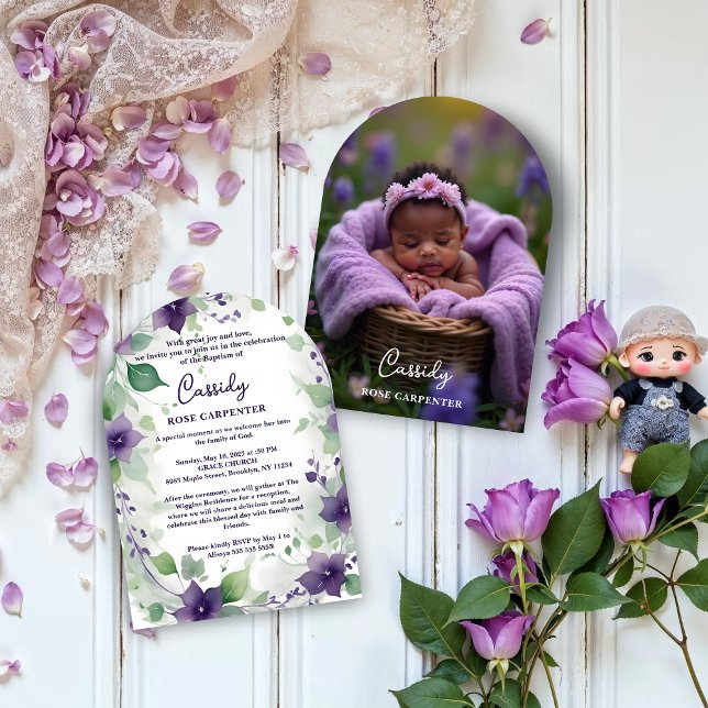 Invitation Elegant Purple Garland Floral Photo Baptism Baby (Elegant Purple Garland Flowers on a White Background – Baby Baptism Invitation Cards with Back Photo)