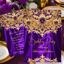 Elegant Purple gems Gold Lace Damask Birthday
