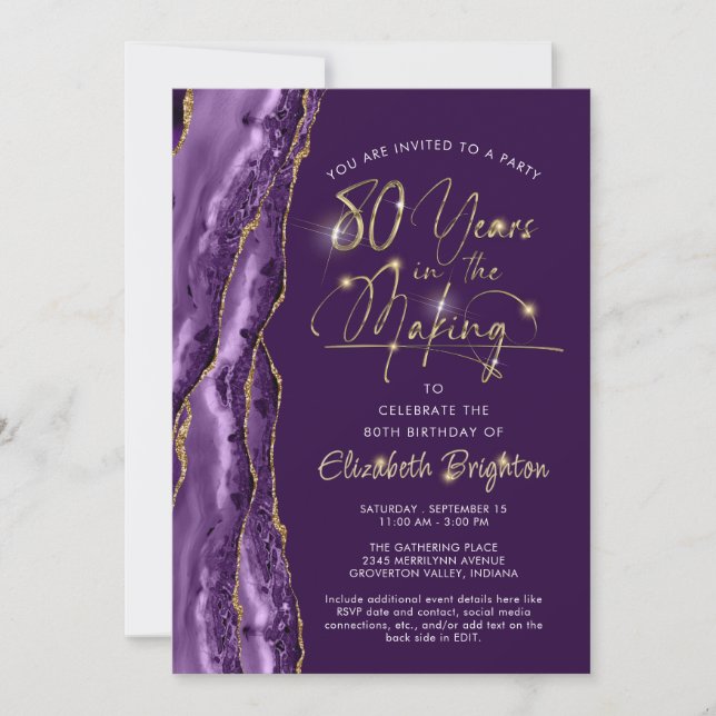 Invitation Élégant Purple Gold Agate Script 80e anniversaire (Devant)